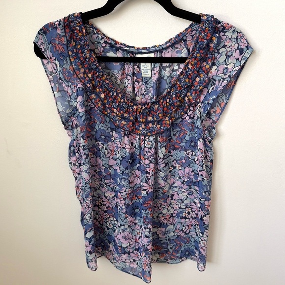 Odille Anthropologie Floral Ruffle Silk Top Blue Multi Sheer Boho Prairie Sz 4 - Picture 1 of 6